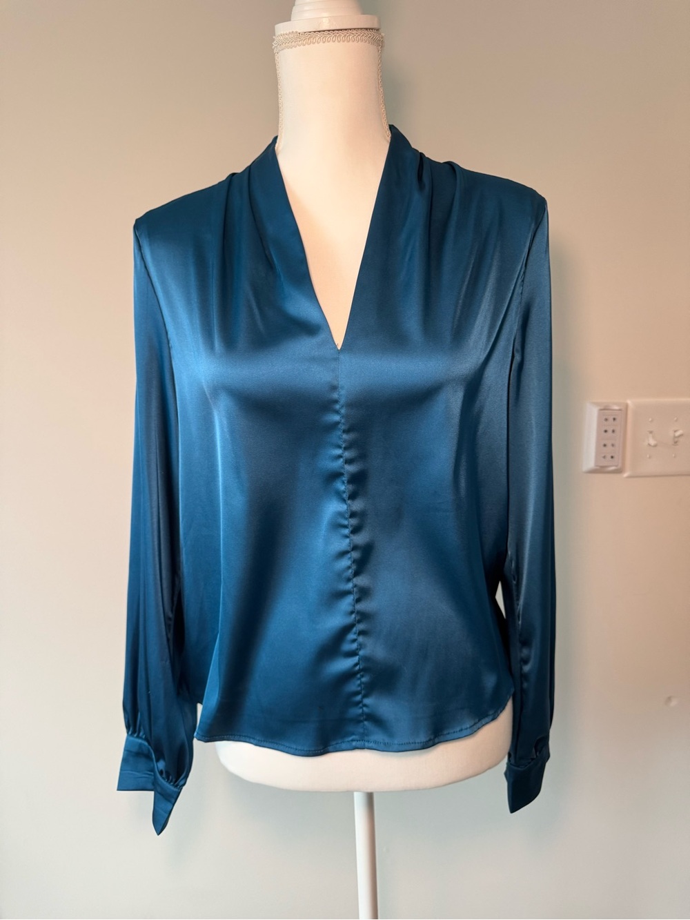 Satin V-Neck Long Sleeve Top - Teal Blue
